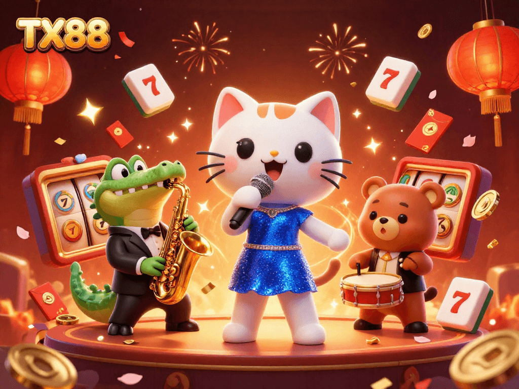 Experience excitement at TX88 with a vibrant casino scene featuring animated characters performing and celebrating.