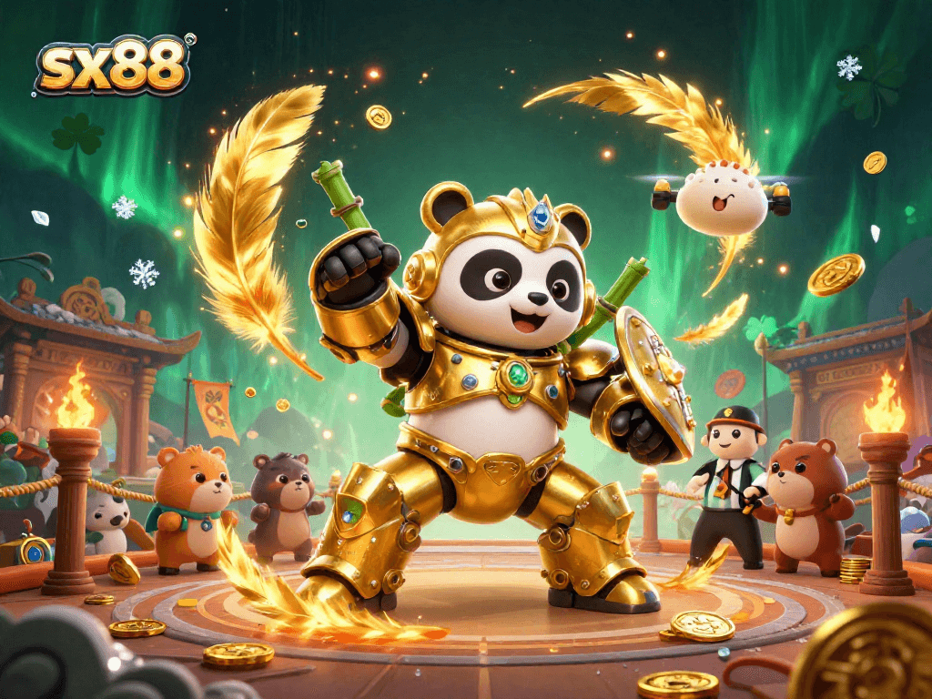 SX88's energetic gaming scene showcases a golden panda in a mech suit defeating opponents in a vibrant casino arena.