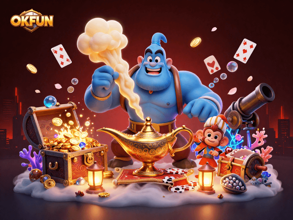 Engage with OKFUN's thrilling online gaming adventure featuring a dynamic genie, poker chips, and vivid elements.