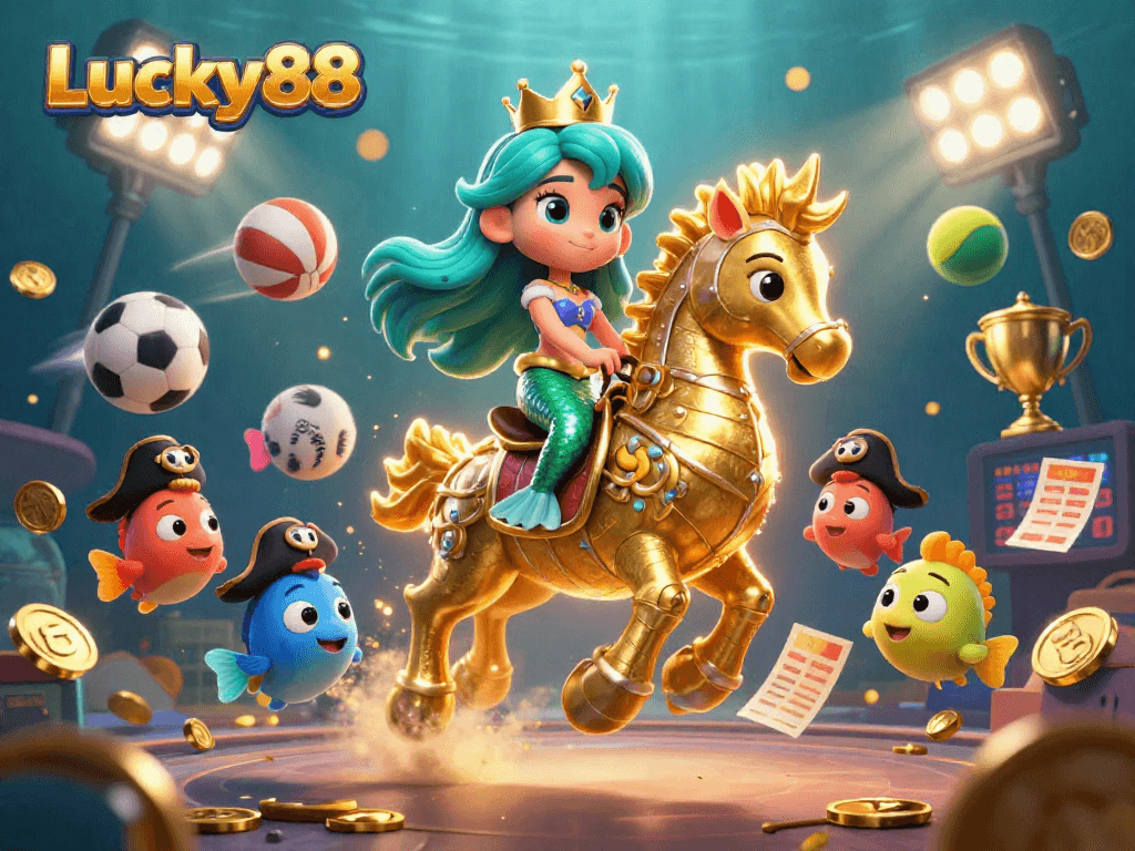 Experience the excitement of Lucky88 with vibrant characters and dynamic sports elements in an underwater realm.
