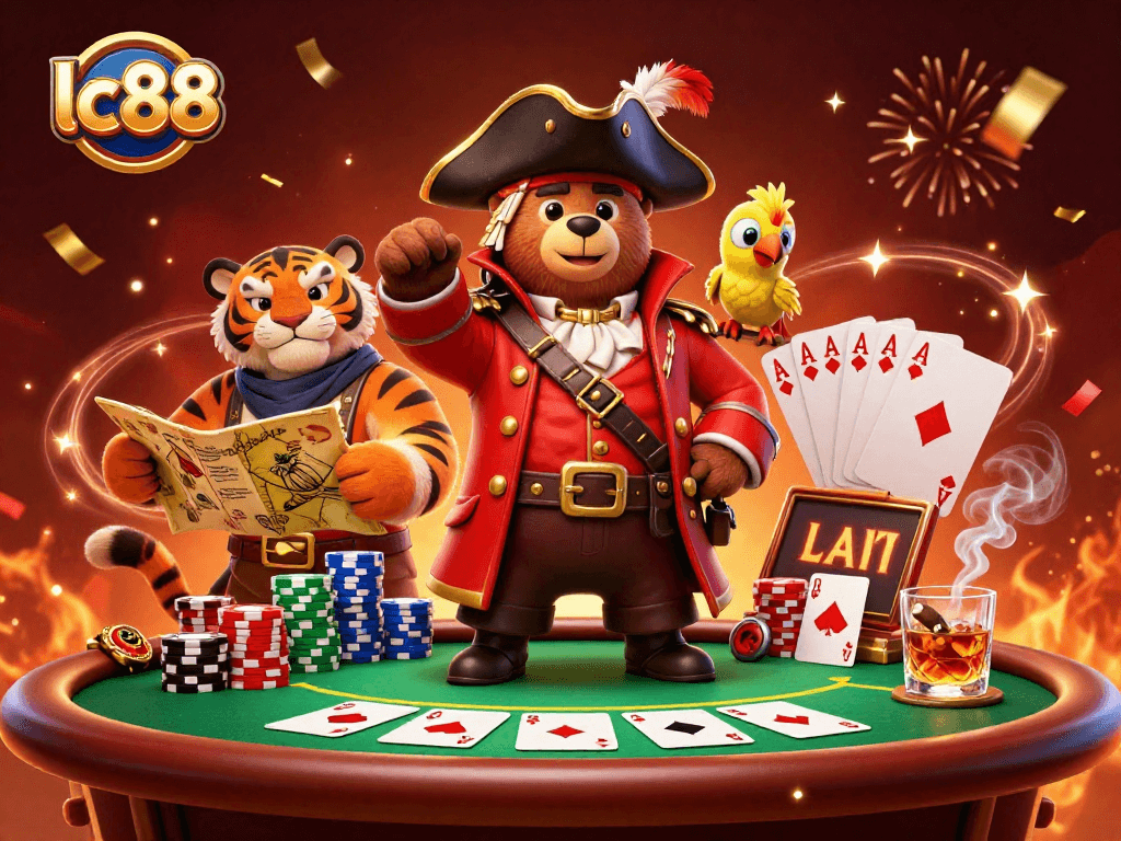 Engage with lc88's thrilling casino experience through a vibrant illustration featuring a pirate captain and a fierce tiger.