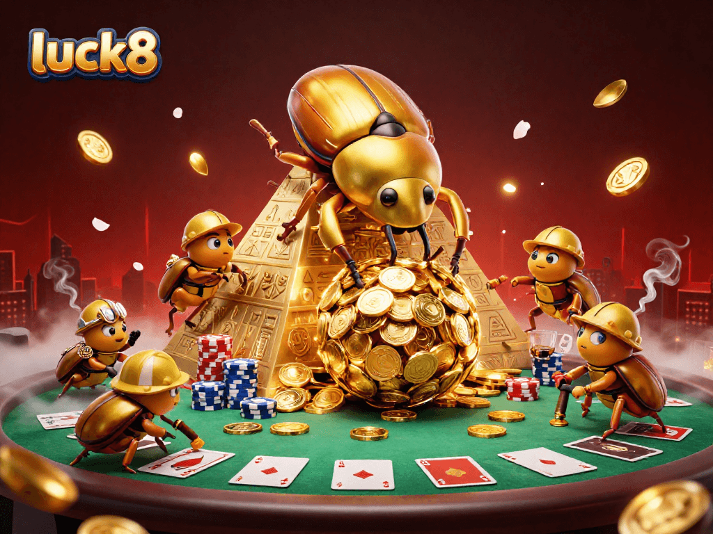 Experience excitement at luck8 with golden beetles rolling coins and casino elements in a vibrant 3D illustration.
