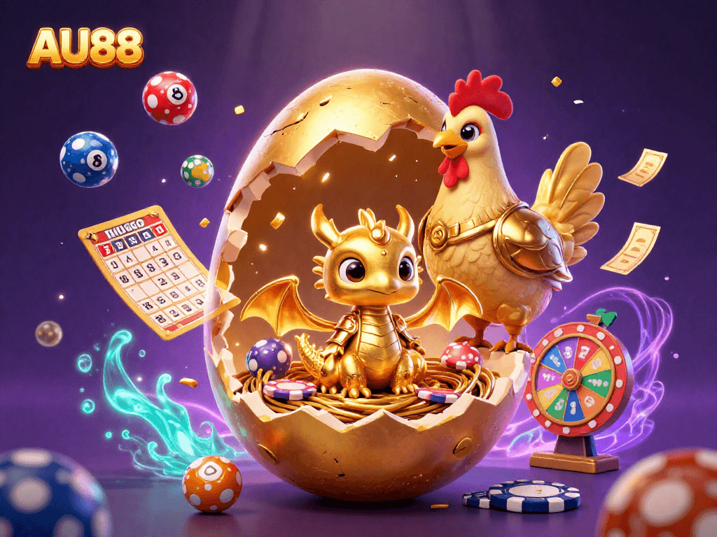 Experience AU88's vibrant gaming world with a golden egg revealing a dragon amidst dynamic casino elements.