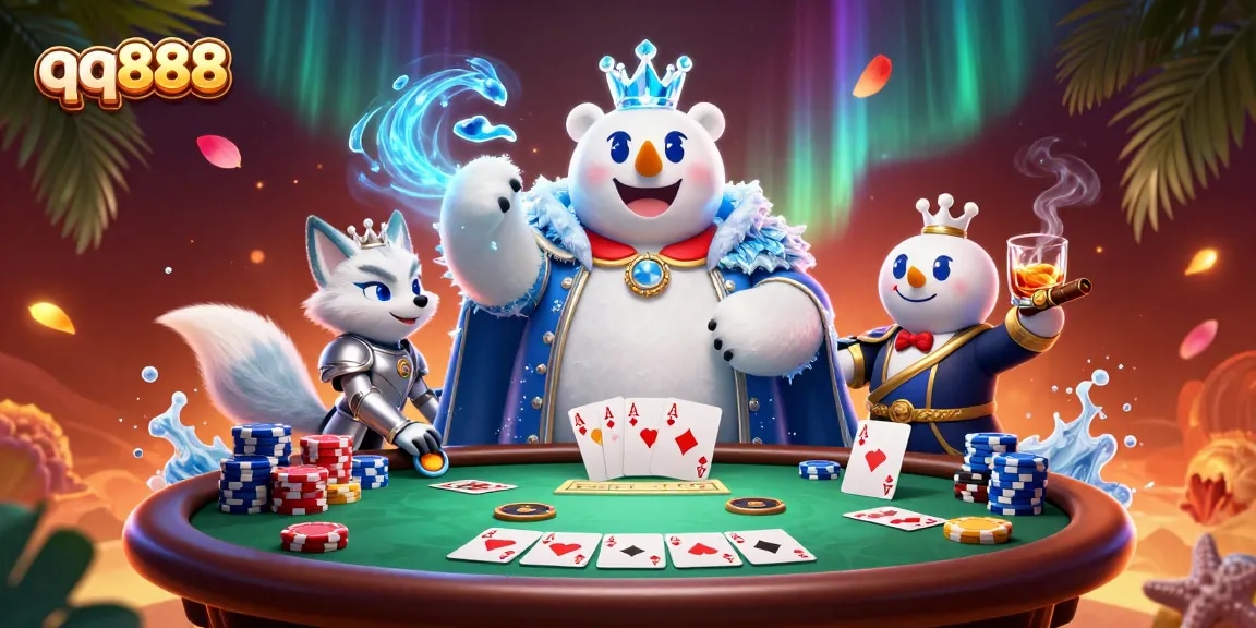 Engage in thrilling action with qq888 at a vibrant poker scene featuring a regal bear and a fox companion.