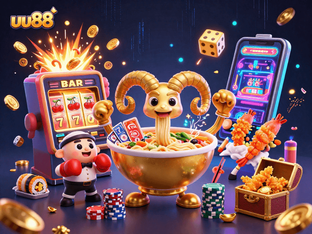uu88 offers thrilling casino experiences with animated characters in a vibrant illustration.