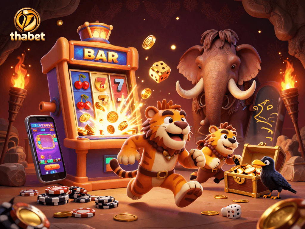 Spin the reels at thabet's prehistoric casino with vibrant characters and exciting game elements.