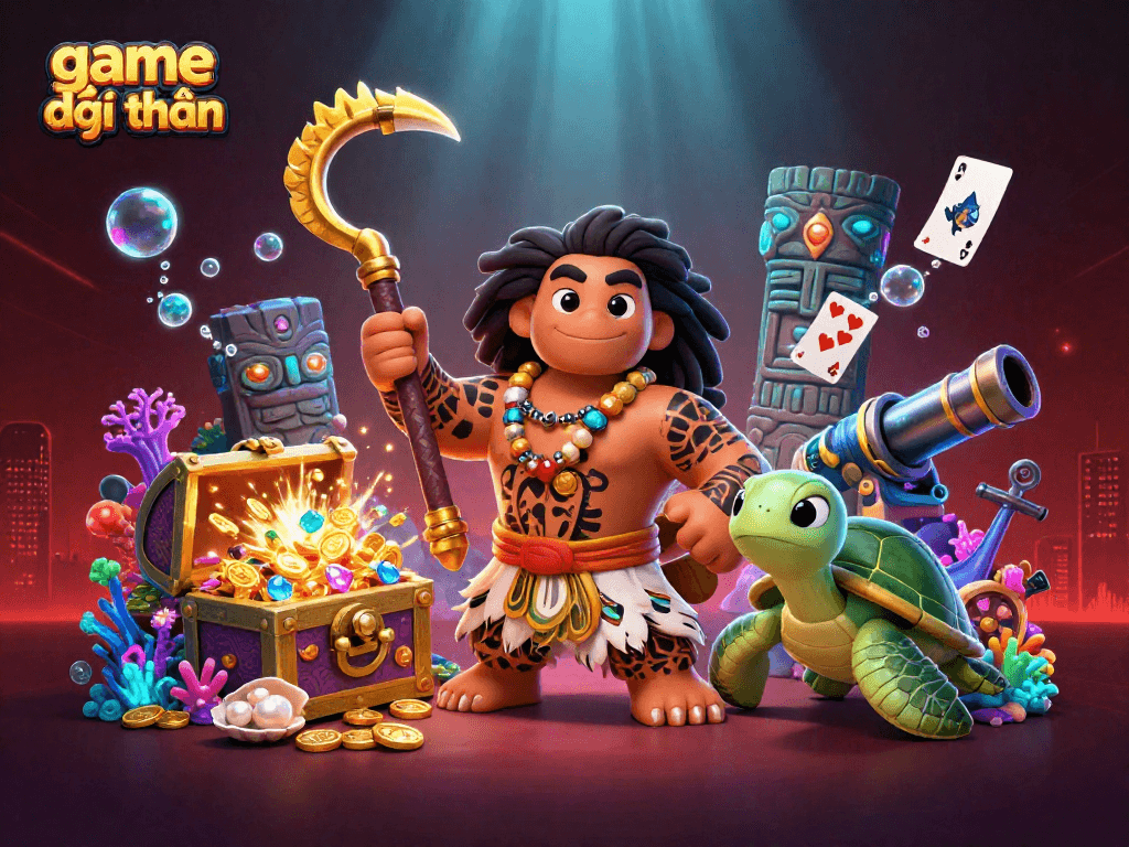 Experience the thrill of game đổi thưởng with a vibrant underwater casino scene featuring animated characters and treasures.