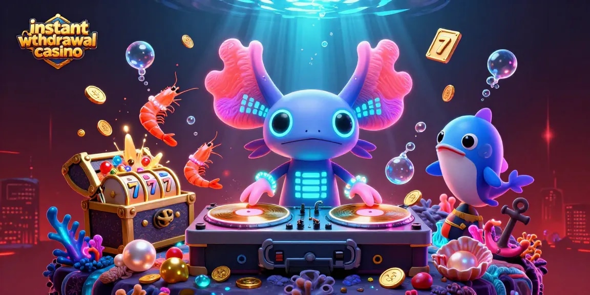 Experience the vibrant excitement of an instant withdrawal casino featuring a neon axolotl DJ spinning gold records.
