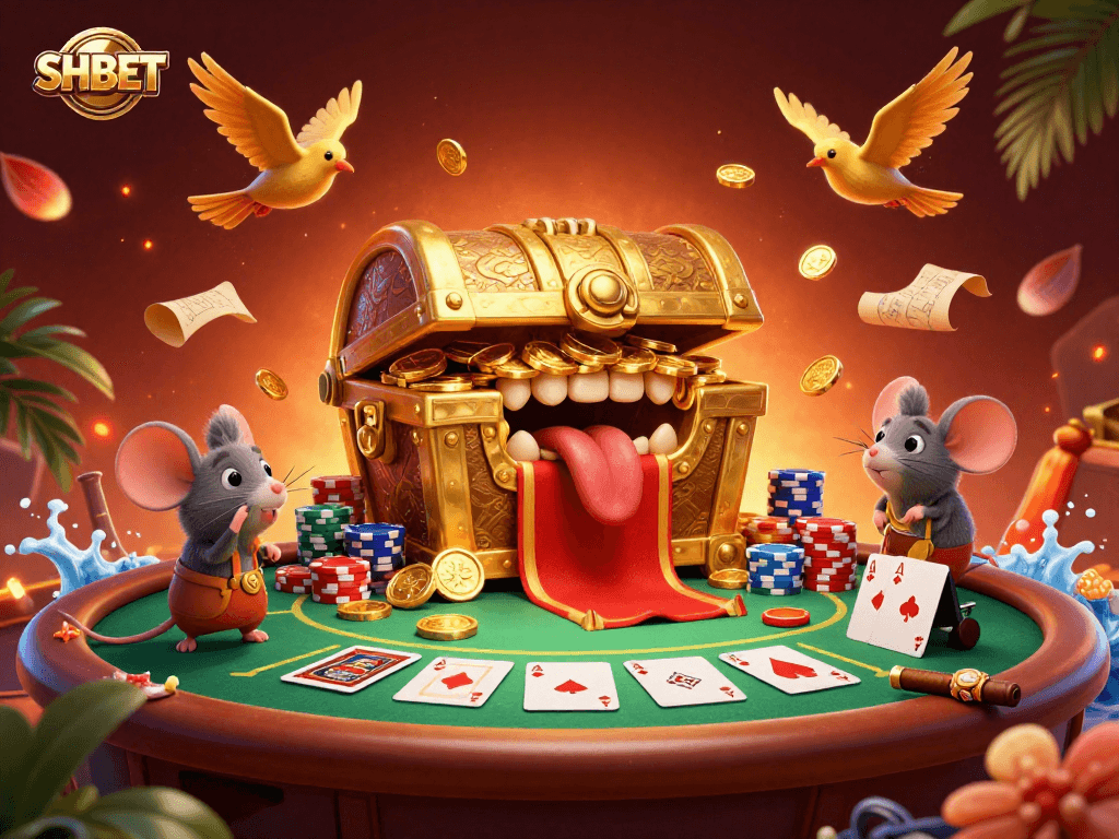 Engage with SHBET's thrilling gaming world, featuring colorful poker elements and dynamic gaming excitement.