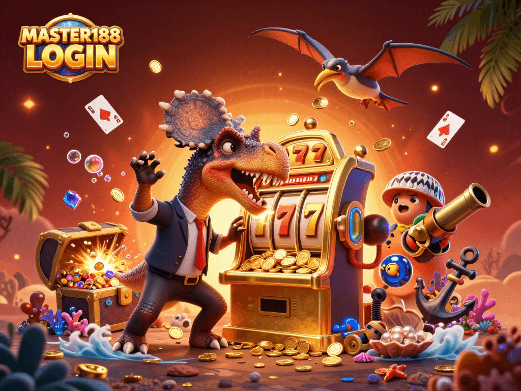 Experience the excitement of MASTER188 LOGIN with a cartoon dino jackpot scene featuring gold coins and slot reels.