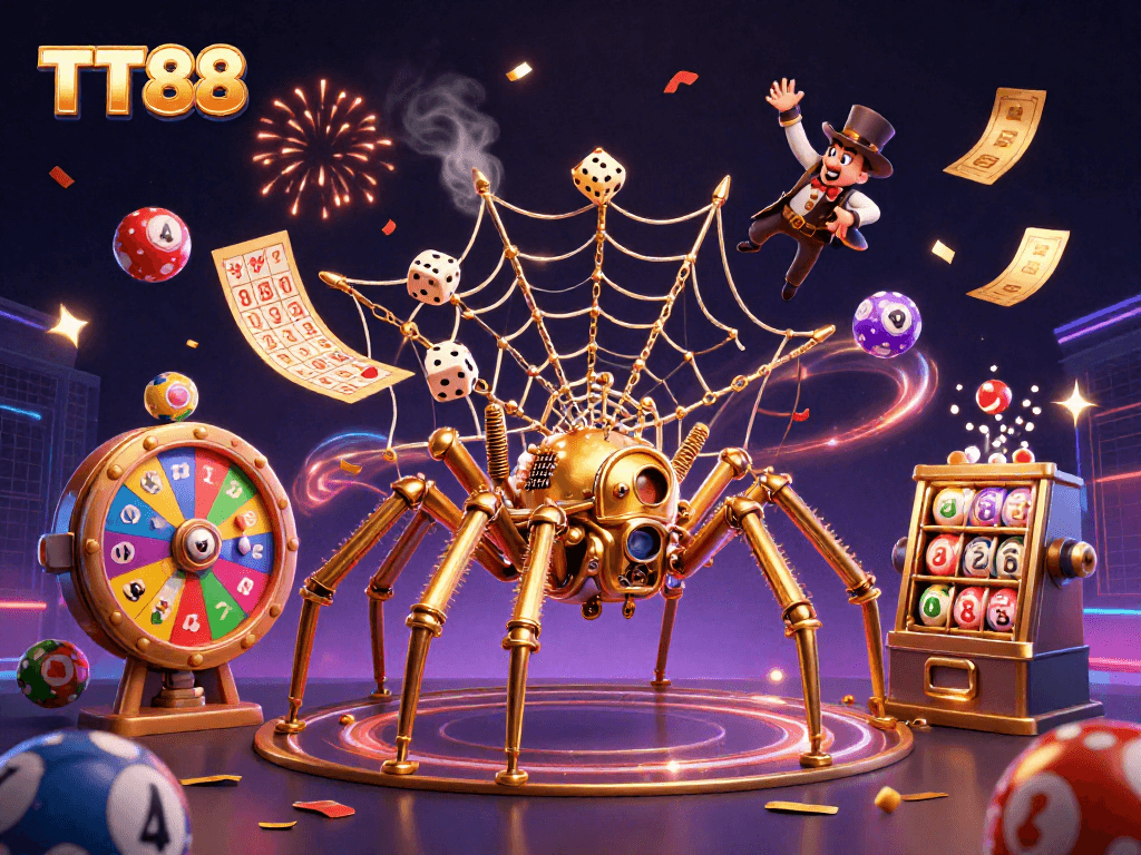 Experience TT88's vibrant gaming atmosphere with a steampunk spider and lively lottery elements.