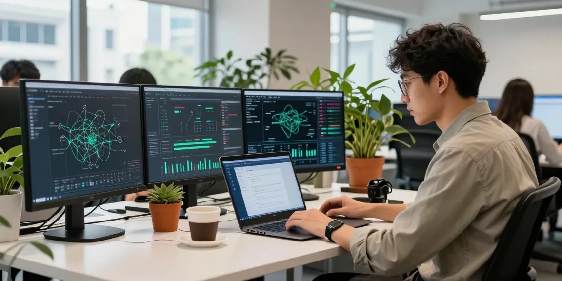 快连 application interface on a laptop in a modern tech workspace, showcasing network performance.