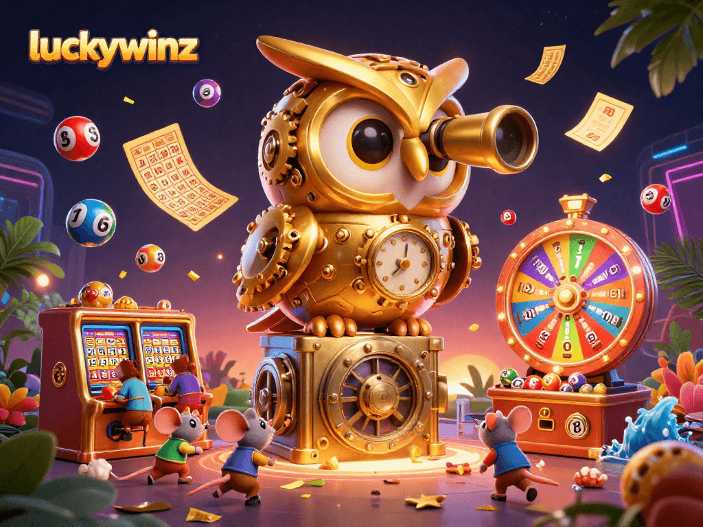 Experience vibrant luckywinz casino action with a golden owl and lively gaming elements.