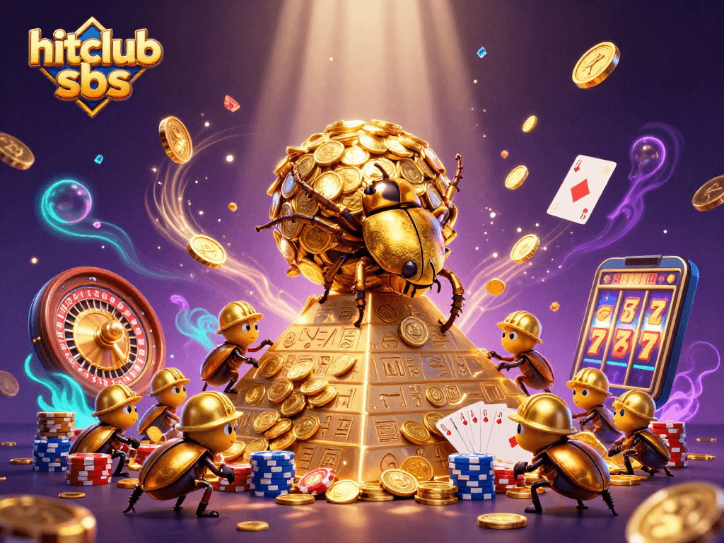 Hitclub sbs captures the excitement of a casino with gold coins and beetles in action.