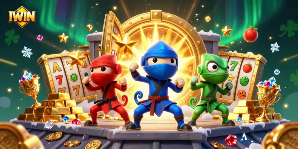 IWIN chameleons showcase winning slots on the rooftop with dazzling treasures and rich colors.