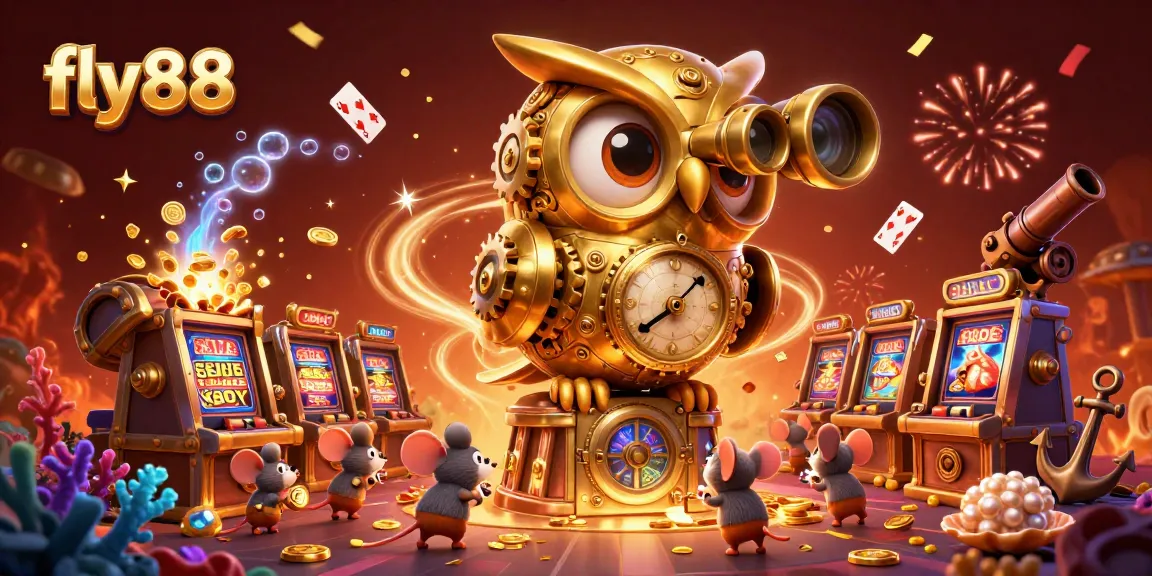 Experience the excitement of fly88 with a golden owl and vibrant casino elements in a magical setting.