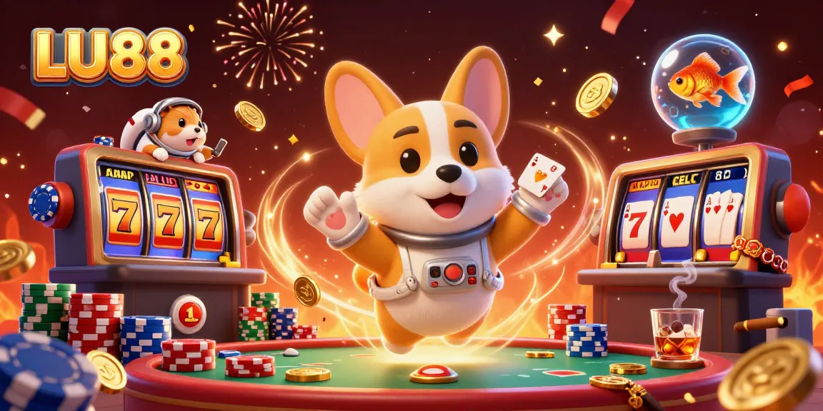 LU88 interactive slot machine scene with vibrant colors, featuring unique characters and casino elements.