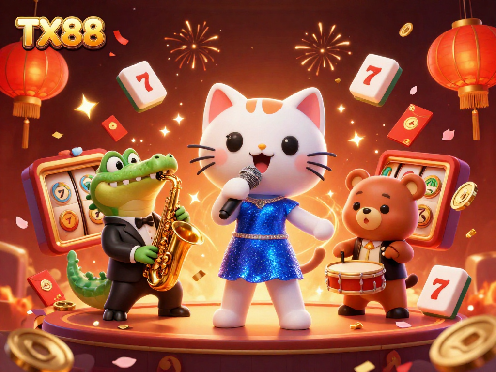 Experience excitement at TX88 with a vibrant casino scene featuring animated characters performing and celebrating.