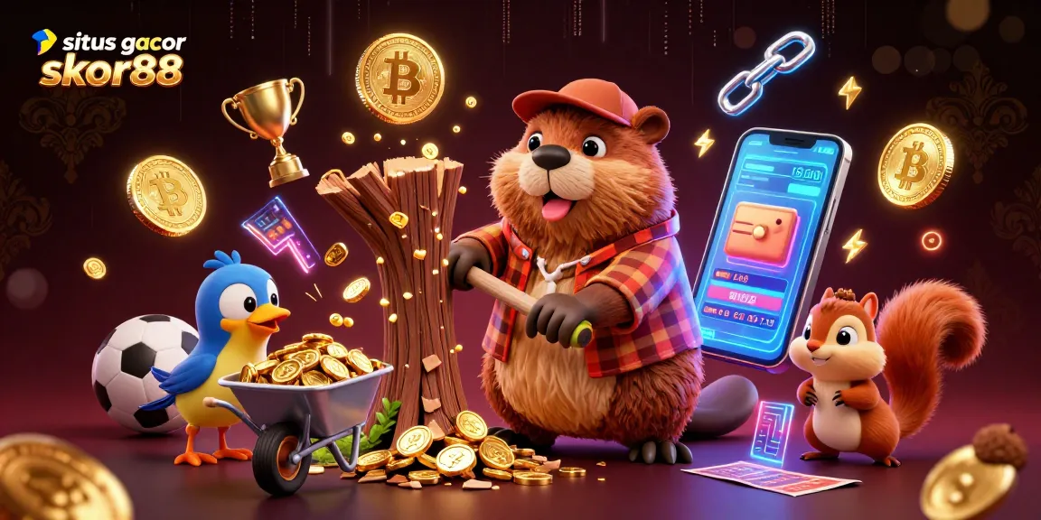 Situs gacor skor88 shines with a beaver and companions celebrating a winning sports betting adventure.