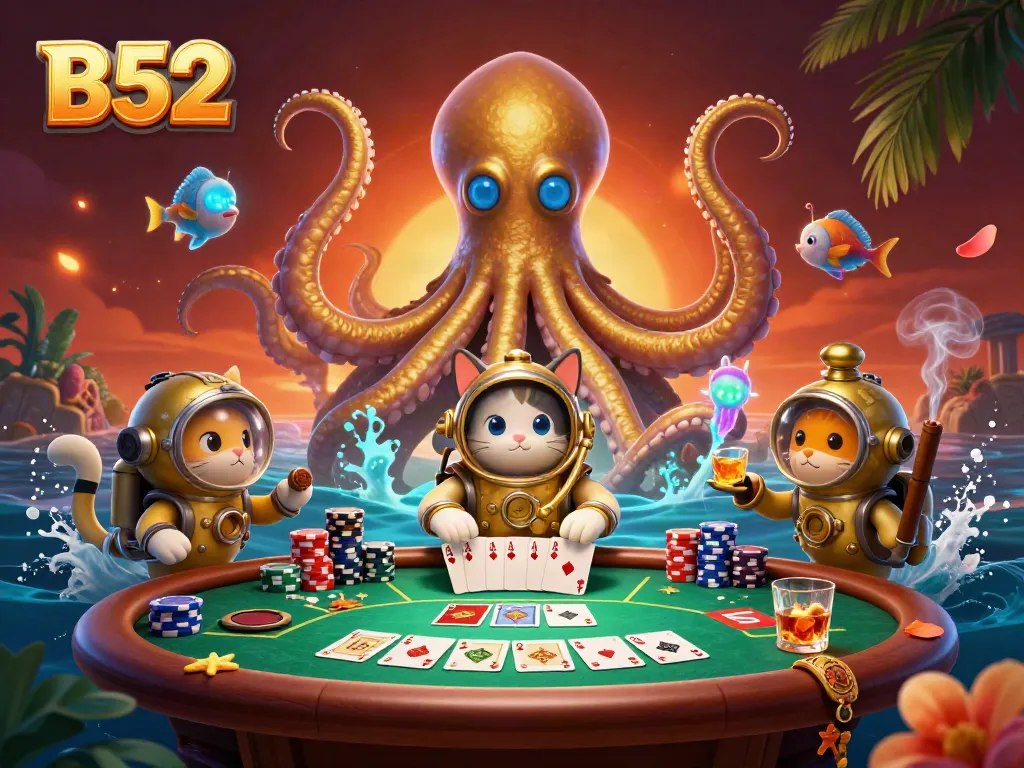 Engage with B52 gaming strategies through a vibrant kraken and casino scene.