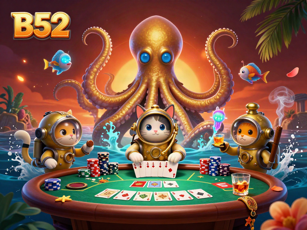Engage with B52 gaming strategies through a vibrant kraken and casino scene.