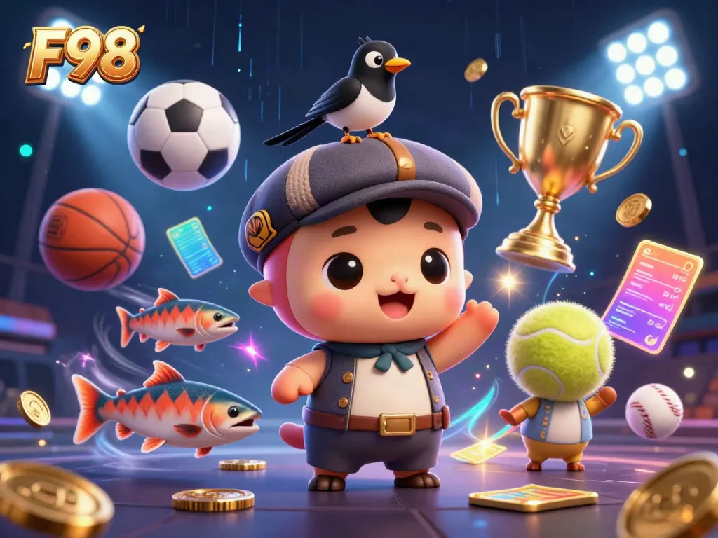 Engaging F98-themed casino scene showcasing a playful Loch Ness monster and vibrant sports elements.