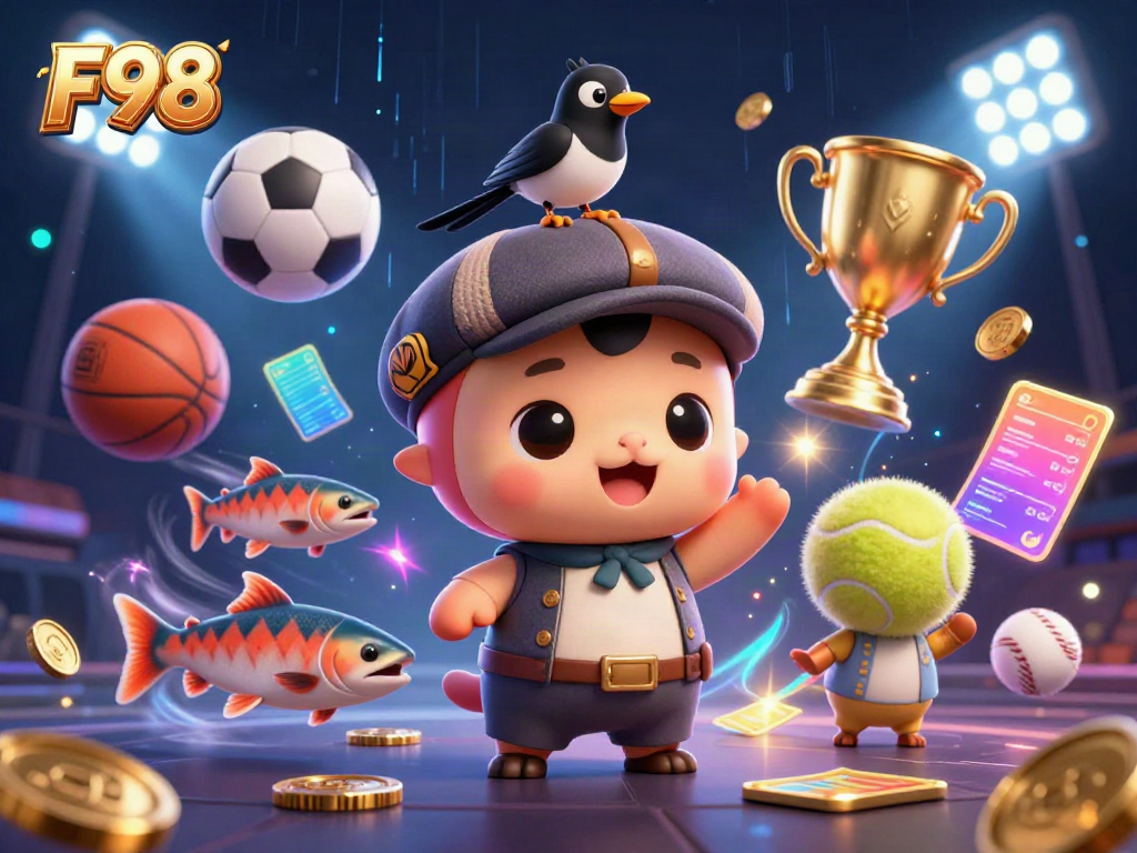 Engaging F98-themed casino scene showcasing a playful Loch Ness monster and vibrant sports elements.