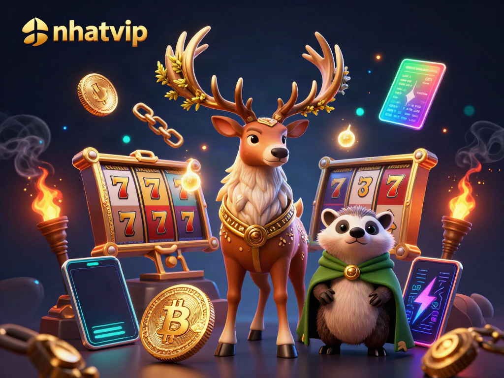 Engage with Nhatvip through a dynamic 3D illustration of casino excitement and gaming elements.