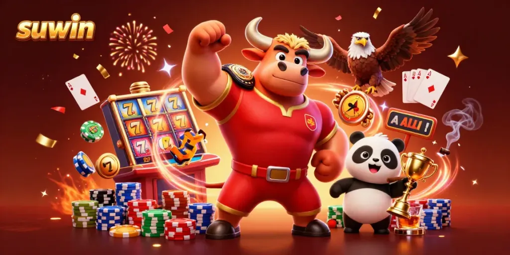 Suwin celebrates a jackpot win with a colorful 3D casino scene featuring a bull, eagle, and panda.