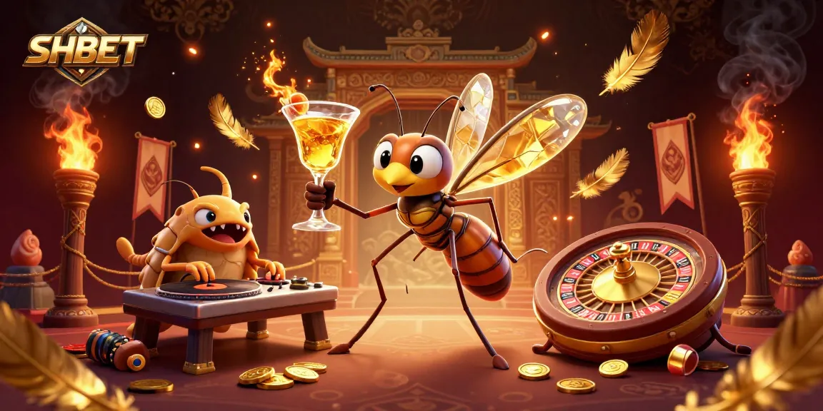 Experience SHBET's vibrant casino world with a dynamic 3D illustration showcasing unique characters and gaming elements.