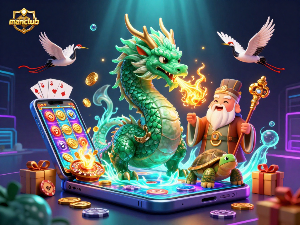 Experience winning strategies at manclub with a vibrant 3D casino illustration featuring a dragon and slot games.