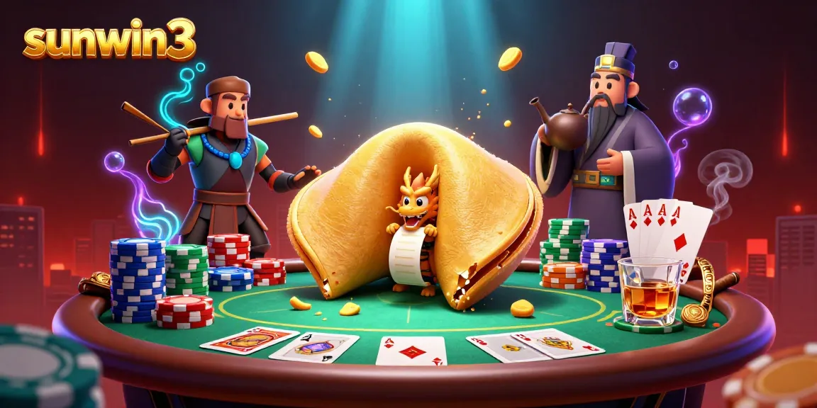 Engage with sunwin3's vibrant casino scene featuring a golden fortune cookie and dynamic poker action.