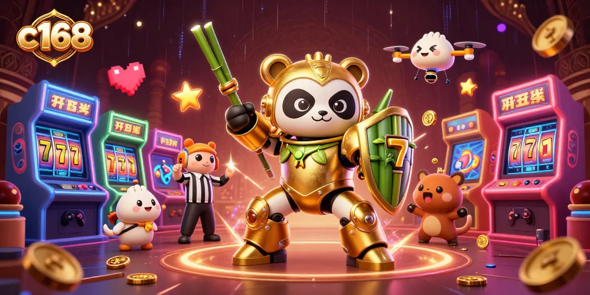 C168 casino illustration of a golden panda robot amidst vibrant slot game elements.