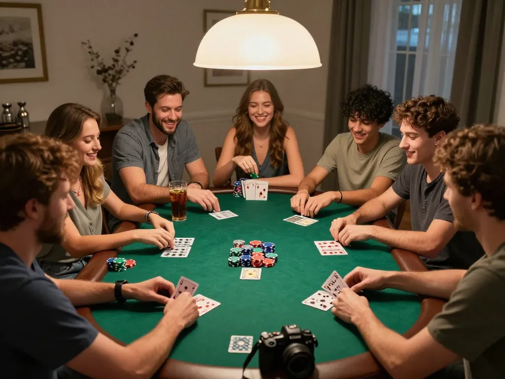 Enjoying an exciting game night with friends playing poker at home, showcasing the sun win atmosphere.