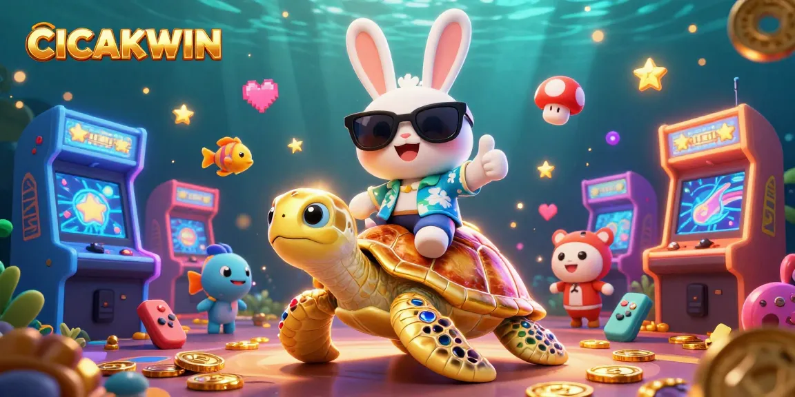 CICAKWIN promotes winning gaming experiences with a lucky rabbit on a golden turtle amid vibrant casino elements.