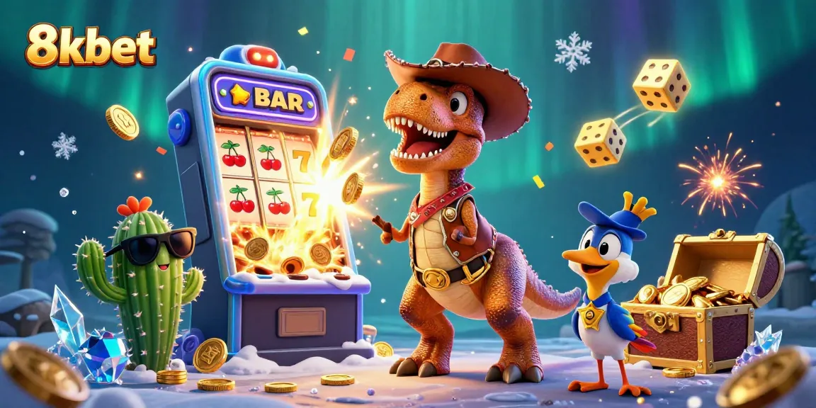 Engage with thrilling slot excitement at 8xbet, showcasing lively characters and vibrant casino elements.