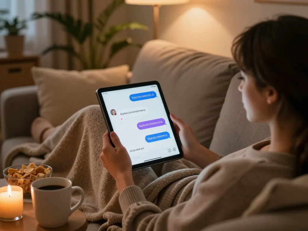 Cozy evening scene showcasing free AI sex chat on a tablet while relaxing on a sofa.
