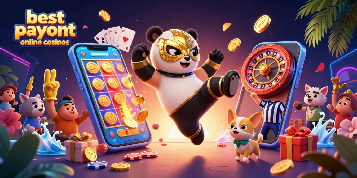 Engaging scene showcasing best payout online casinos with a luchador panda and playful animal spectators.