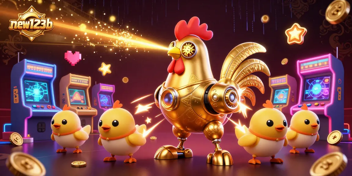 Engage with new123b's vibrant casino world featuring a golden rooster robot and lively game elements.