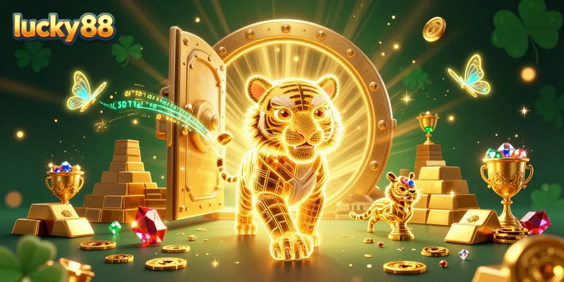 Experience the lucky 88 slot magic with a captivating golden tiger in a digital casino world.