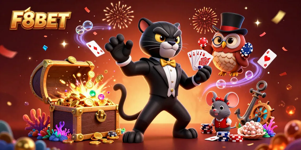 F8BET players enjoy card games with stylish characters in a vibrant casino atmosphere full of excitement.