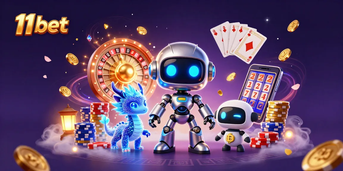 Win exciting rewards with 11 bet, featuring a futuristic casino scene with vibrant characters and elements.
