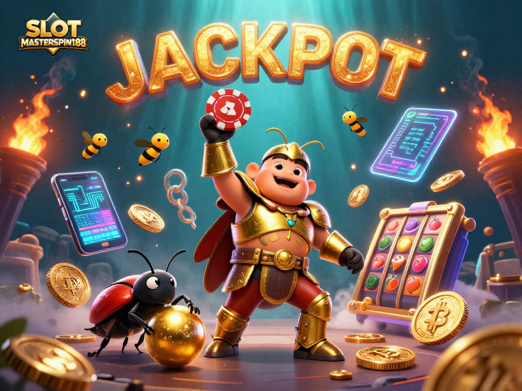 SLOT MASTERSPIN188 showcases dynamic gaming victory with glowing elements and characters in action.