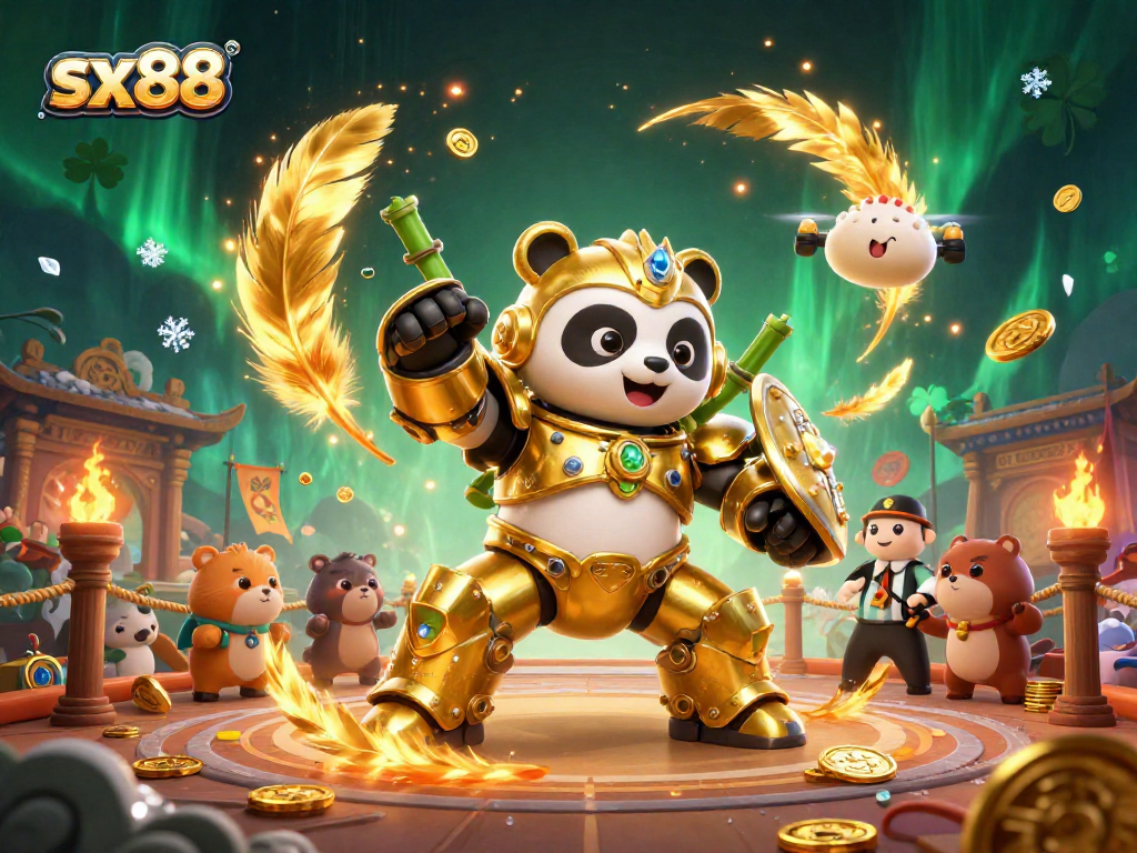 SX88's energetic gaming scene showcases a golden panda in a mech suit defeating opponents in a vibrant casino arena.