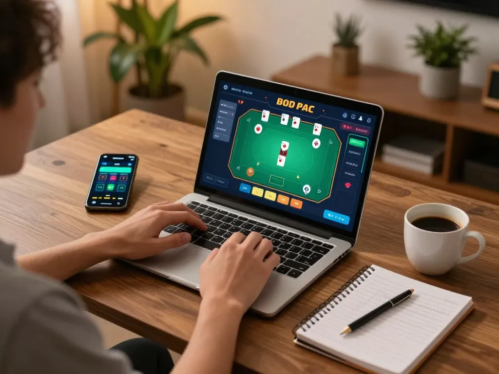 Player engaging in online gambling at trang chủ okfun with poker game displayed on laptop screen and strategy notes visible.