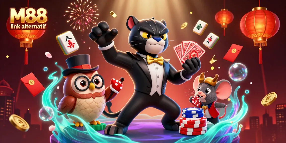 M88 link alternatif showcases a stylish panther dealing cards with an owl and mouse, amid dynamic casino elements.