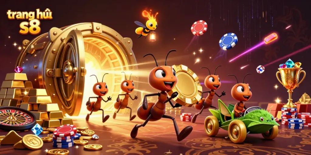 Experience a thrilling adventure at trang chủ s8 with ants heisting poker chips in an energetic casino scene.