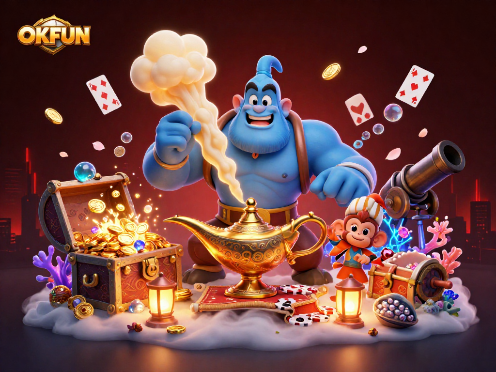 Engage with OKFUN's thrilling online gaming adventure featuring a dynamic genie, poker chips, and vivid elements.