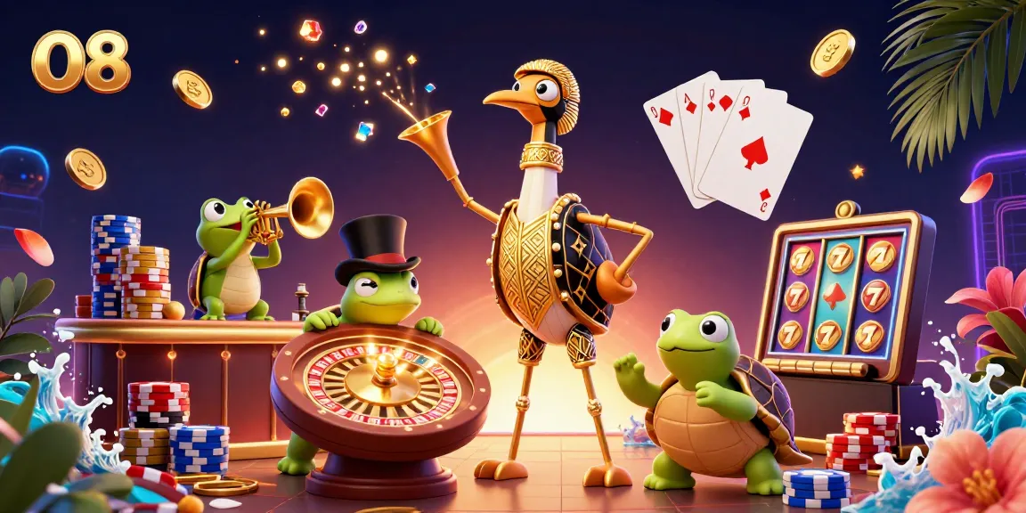 Experience O8's vibrant casino scene with lively characters, cascading coins, and sparkling gems.