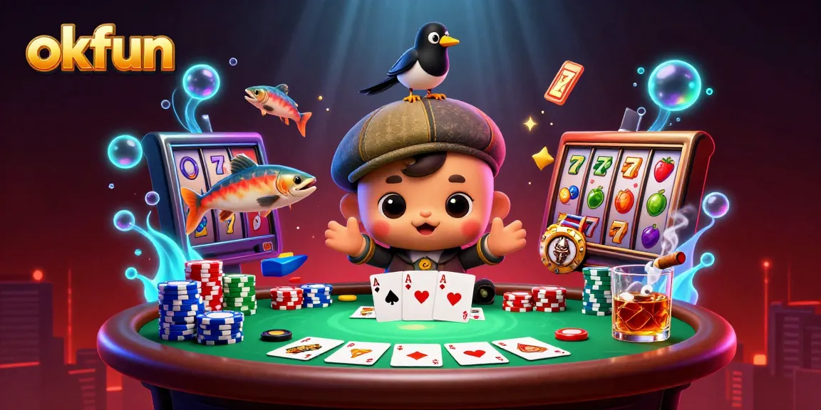 Play games and win at okfun with an exciting casino illustration featuring vibrant characters and thematic elements.